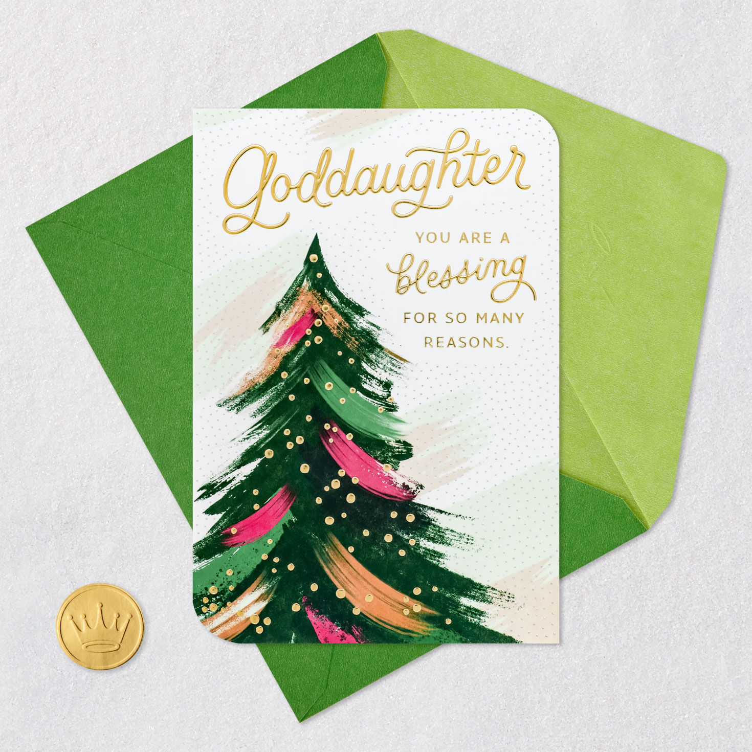 Pink Painted Christmas Tree Christmas Card for Goddaughter Card Front with Envelope and Gold Seal image number 5