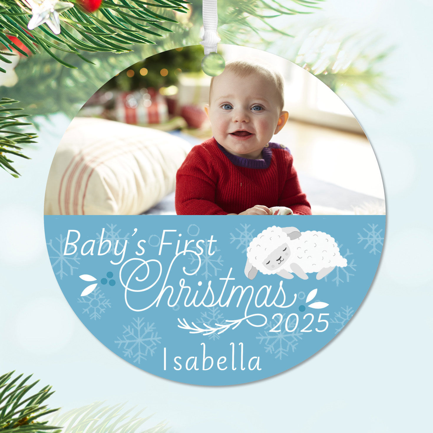 Baby's First Christmas Round Metal Personalized Ornament, Custom Horizontal Photo and Text, , large image number 2