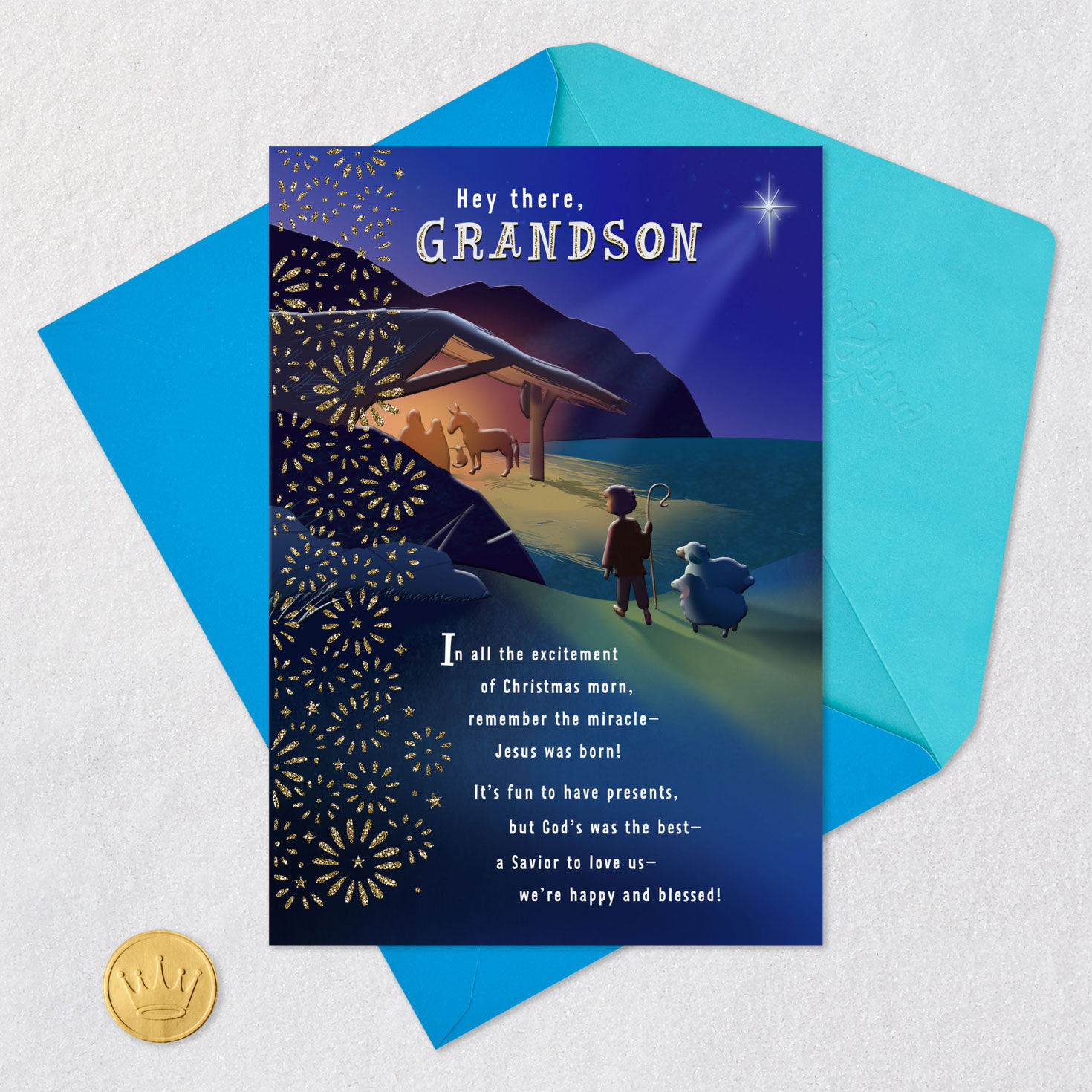 Shepherd Religious Christmas Card for Grandson Card Front with Envelope and Gold Seal image number 6