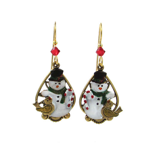Silver Forest Snowman and Chickadee Metal Teardrop Earrings, 