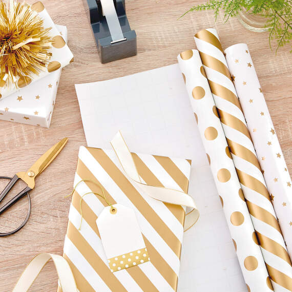 Gold and White 3-Pack Wrapping Paper, 105 sq. ft. total, , large image number 3