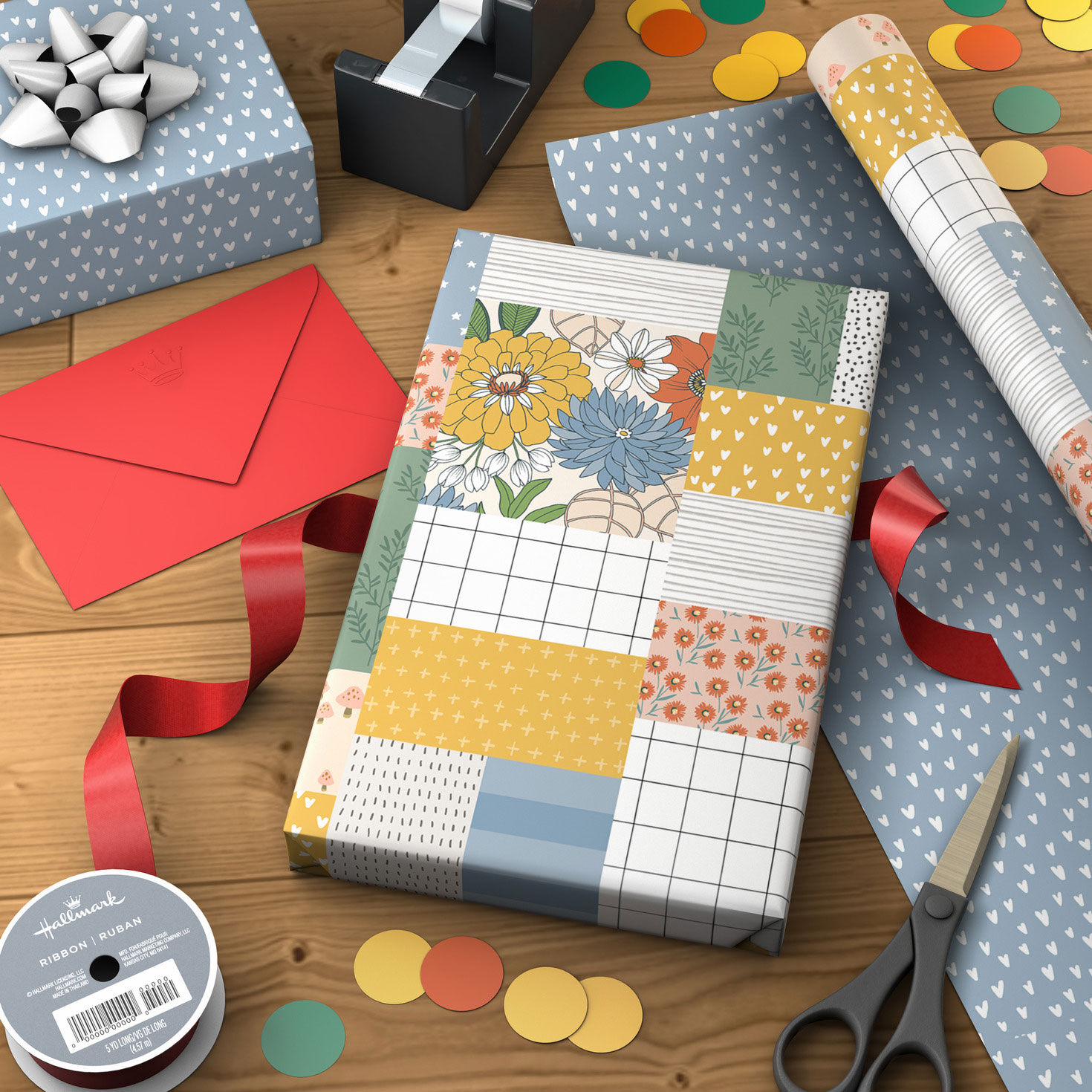 Patchwork Floral/Mini Hearts on Blue Reversible Wrapping Paper, 20 sq. ft., , large image number 2