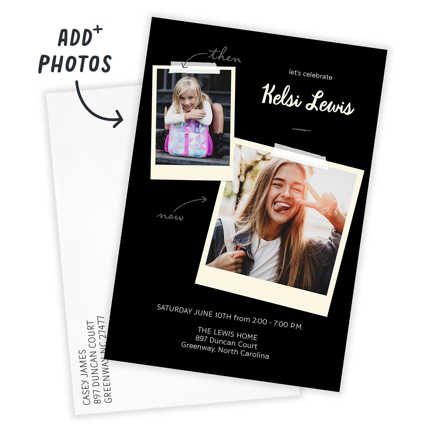 Two Polaroid Photos on Black Grad Party Invitation Card Front indicating personalization image number 2
