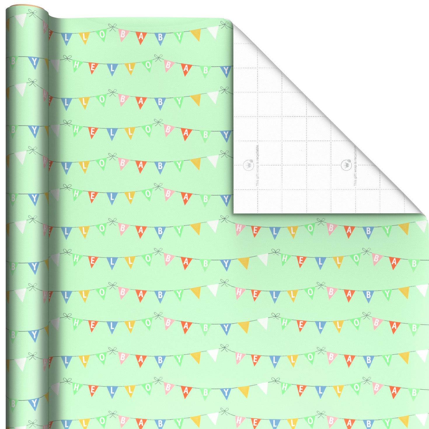 Hello Baby Pennants on Mint Green Wrapping Paper Roll, 20 sq. ft.