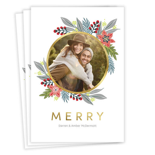 Poinsettia Wreath Flat Christmas Photo Card, 