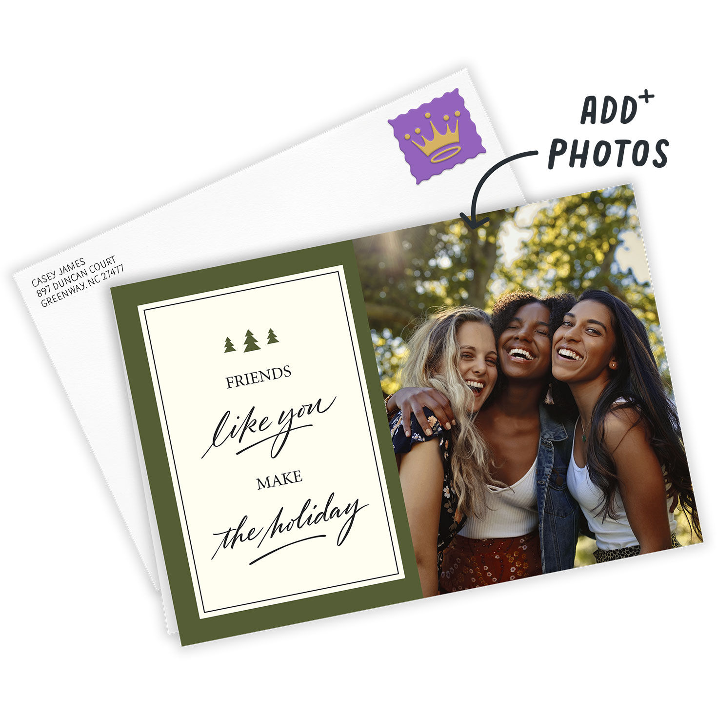 Green Frame With Trees Personalized Holiday Card Card Front indicating personalization image number 2