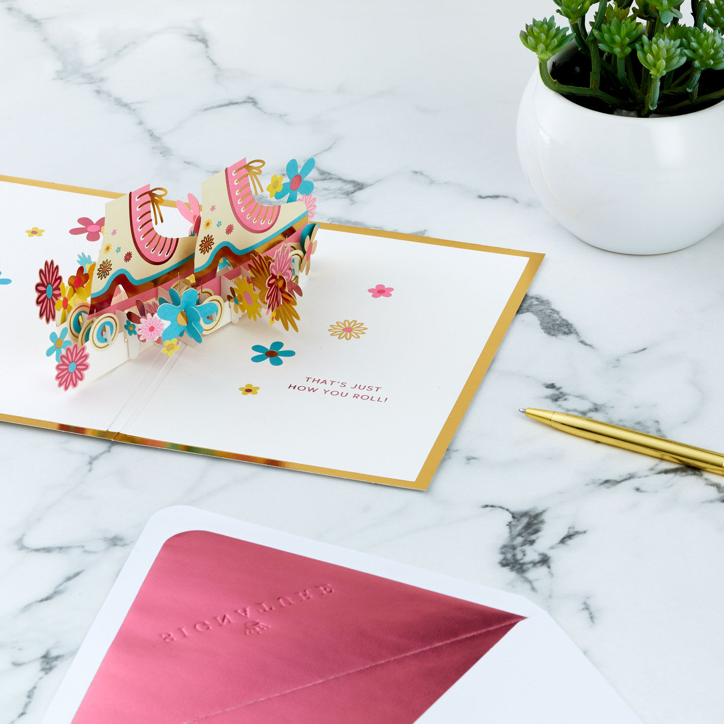 Pink and Blue Flower Roller Skates Pop-Up Card open card with Envelope and Gold Seal image number 8