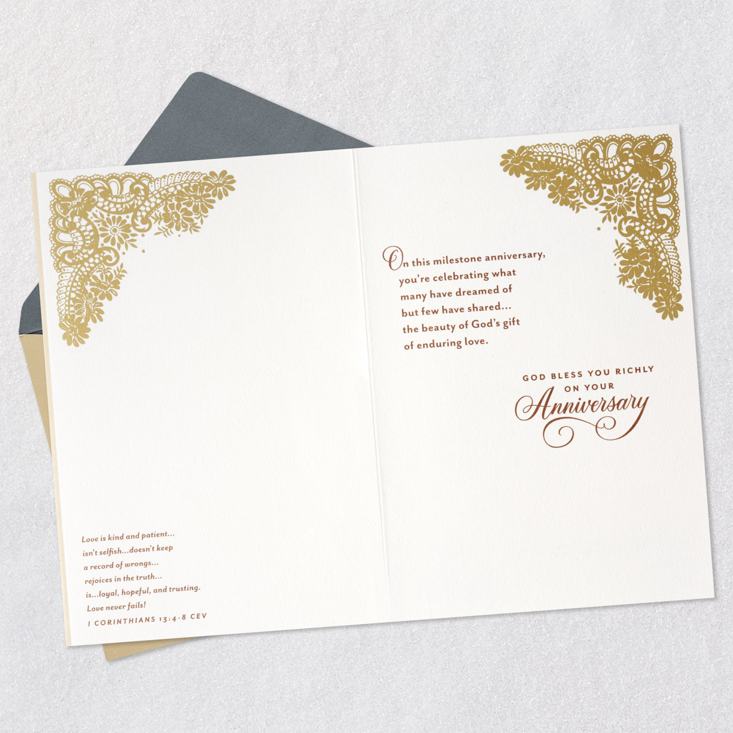 Gold Filigree Religious 50th Anniversary Card for Couple Open card with envelope image number 4