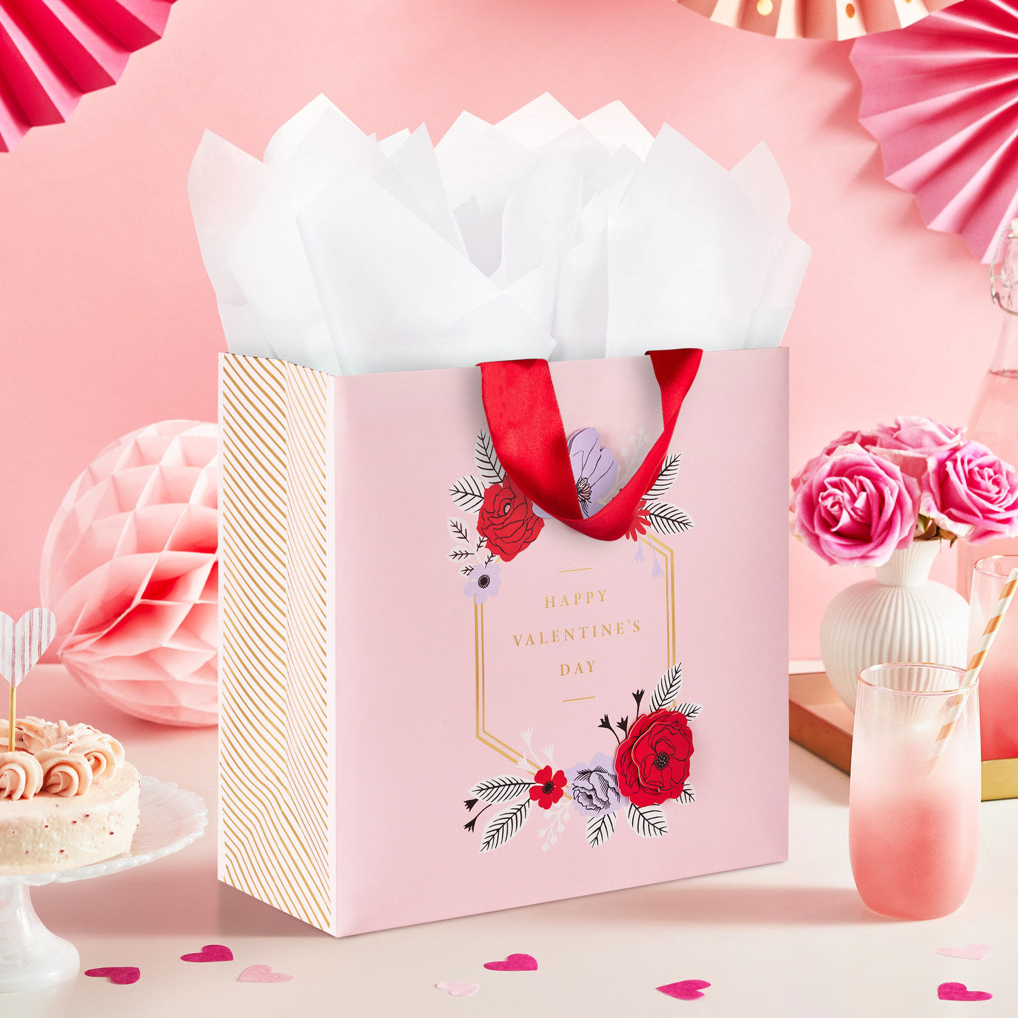 10.4" Flowers on Pink Large Square Valentine's Day Gift Bag, , large image number 2