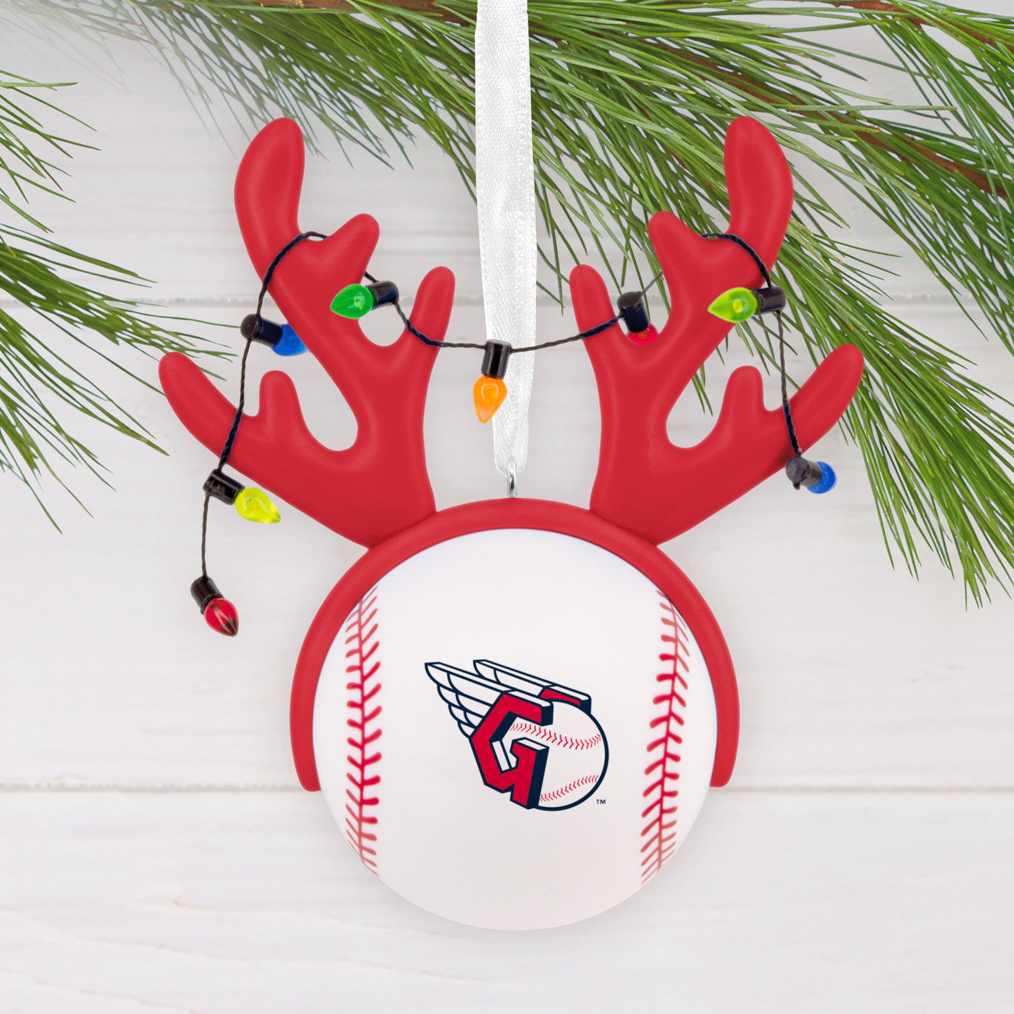 Guardians Reindeer Baseball Christmas Ornament hanging on tree image number 2