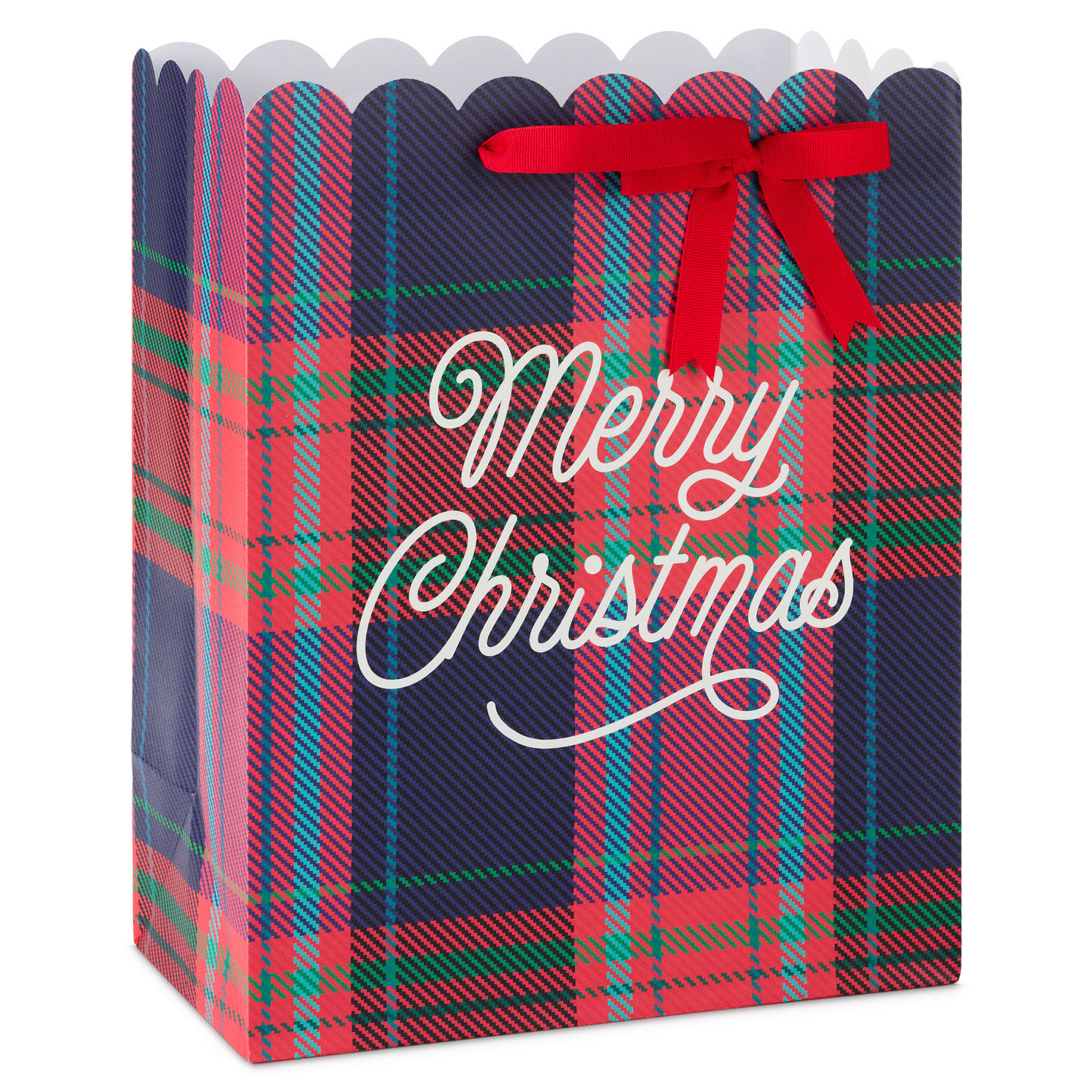 13" Scalloped Red Plaid Large Christmas Gift Bag