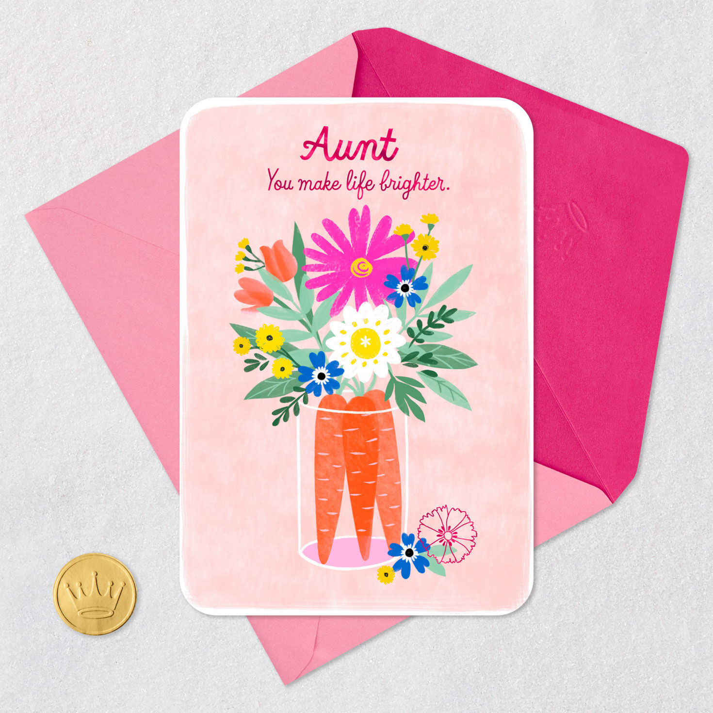 Carrot and Flower Bouquet Easter Card for Aunt Card Front with Envelope and Gold Seal image number 5