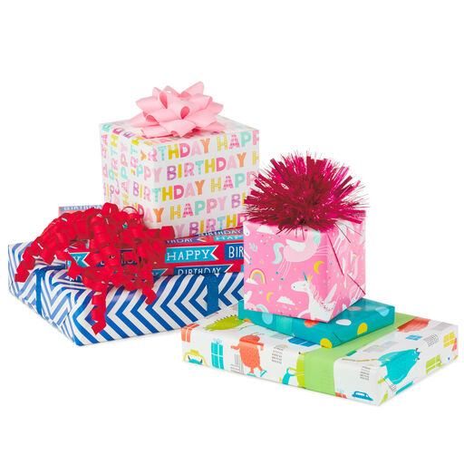 Colorful Kid Birthday 3-Pack Reversible Wrapping Paper, 120 sq. ft. total, 