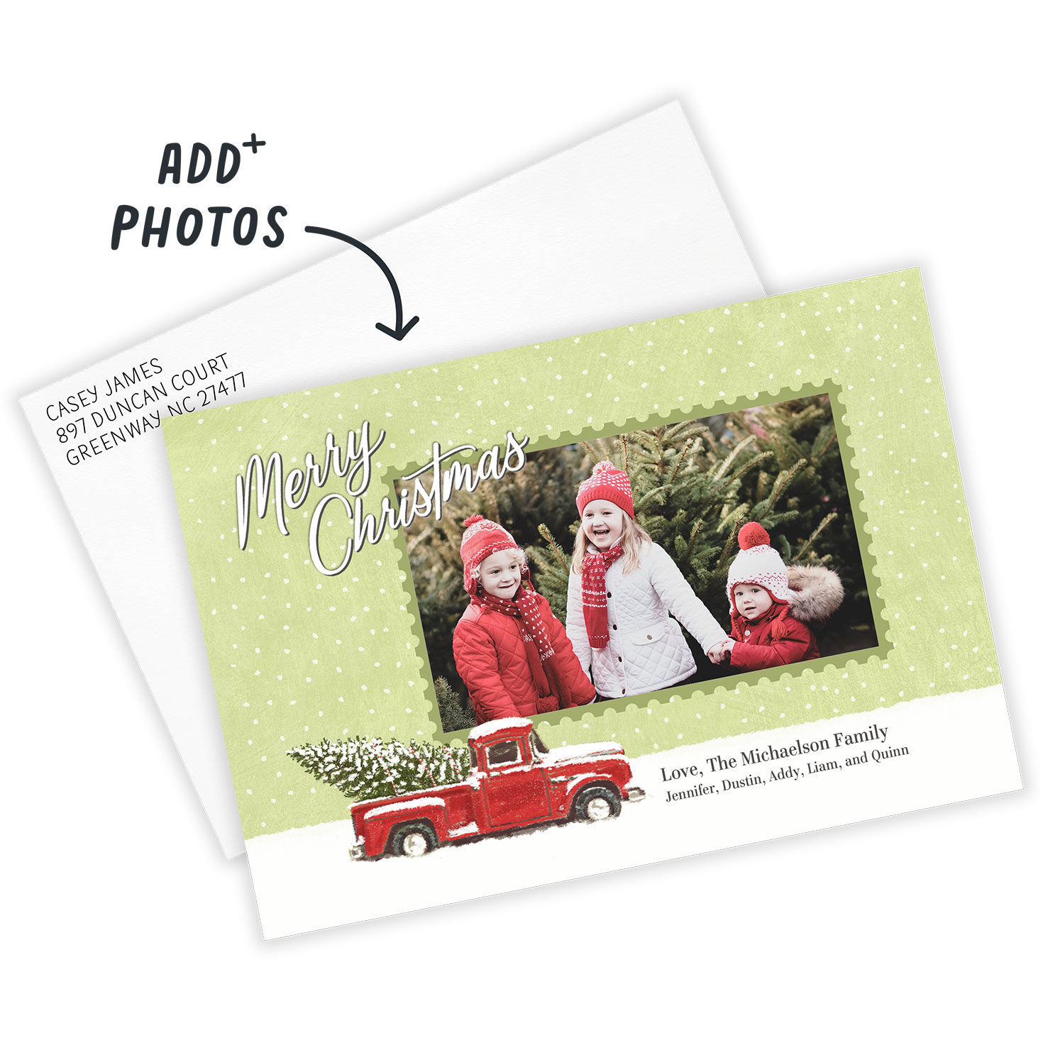 Green Stamp Red Truck Personalized Photo Card Card with Envelope indicating personalization image number 2