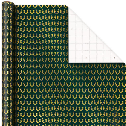 Gold Antlers on Green Metallic Wrapping Paper, 25 sq. ft., 