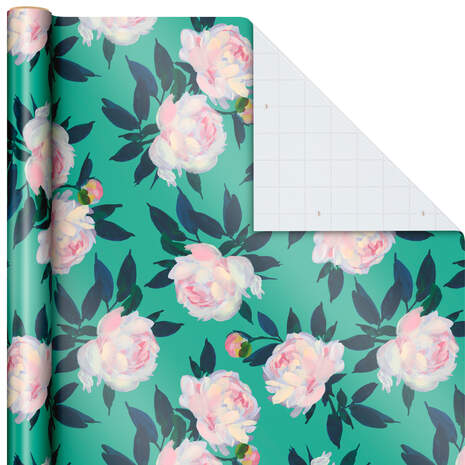 White Peonies on Jade Wrapping Paper Roll, 27 sq. ft., , large