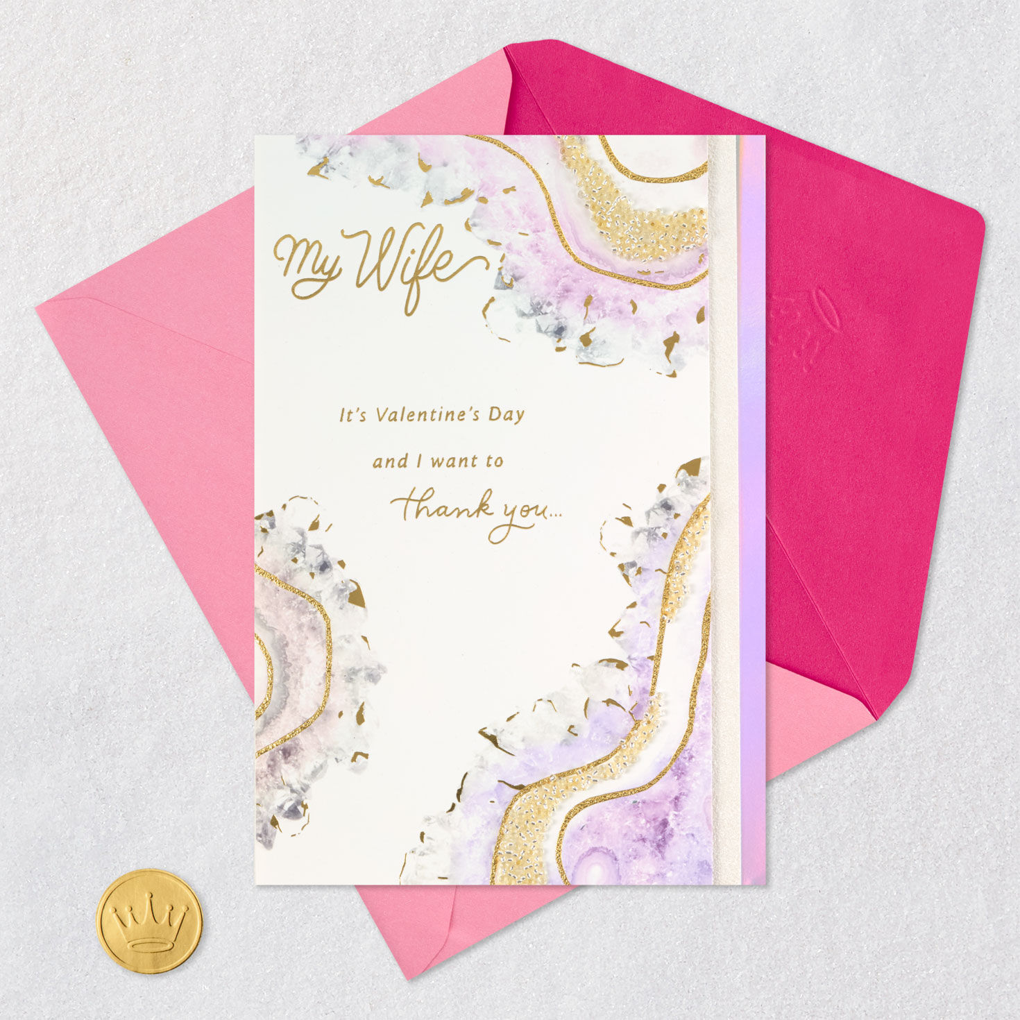 Marbled Pink and Gold Valentines Day Card for Wife Card Front with Envelope and Gold Seal image number 8