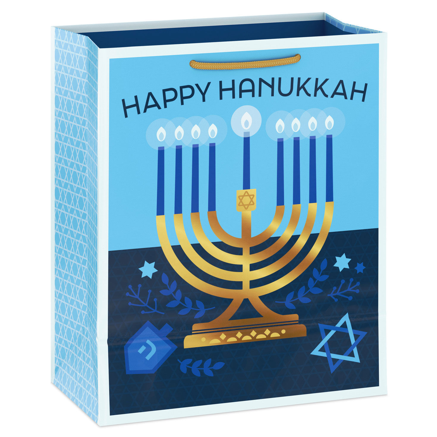Gold Menorah on Blue Medium Hanukkah Gift Bag Back image number 6