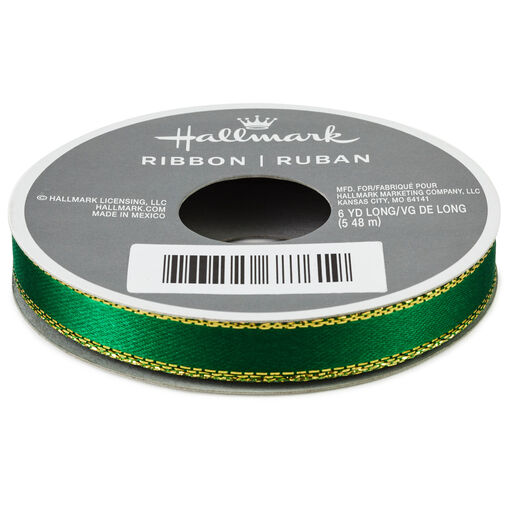 Forest Green 0.3" Satin Ribbon With Gold Edges, 18', Green