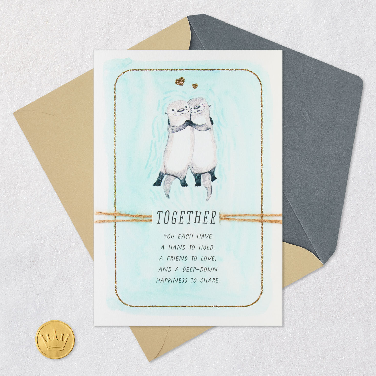 Sea Otters and Hearts Anniversary Card for Couple Card Front with Envelope and Gold Seal image number 5