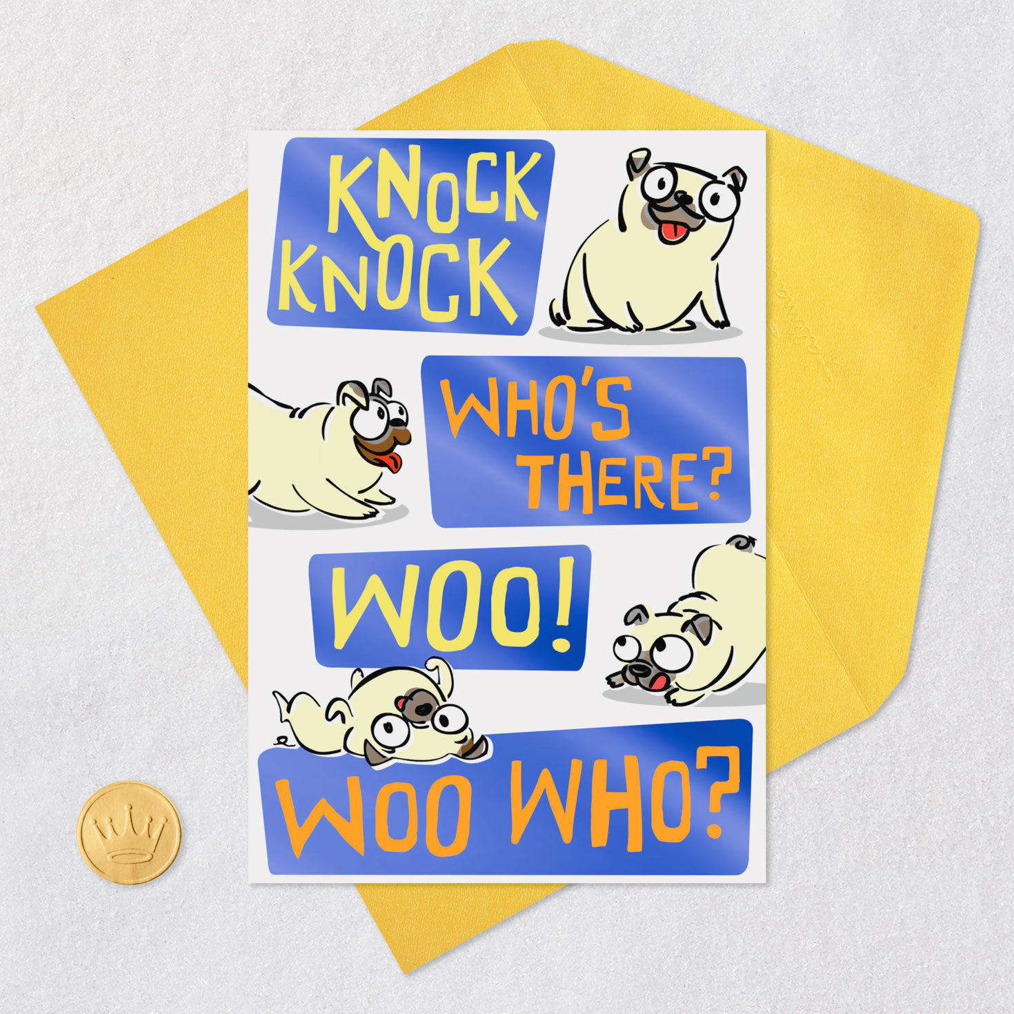 Pug Dog Knock Knock Joke Funny Birthday Card Card Front with Envelope and Gold Seal image number 5