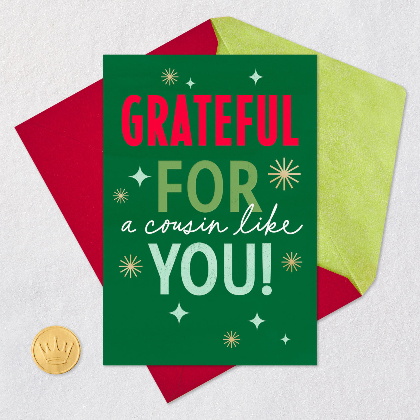 Bold Red and Green Typography Christmas Card for Cousin Card Front with Envelope and Gold Seal image number 5