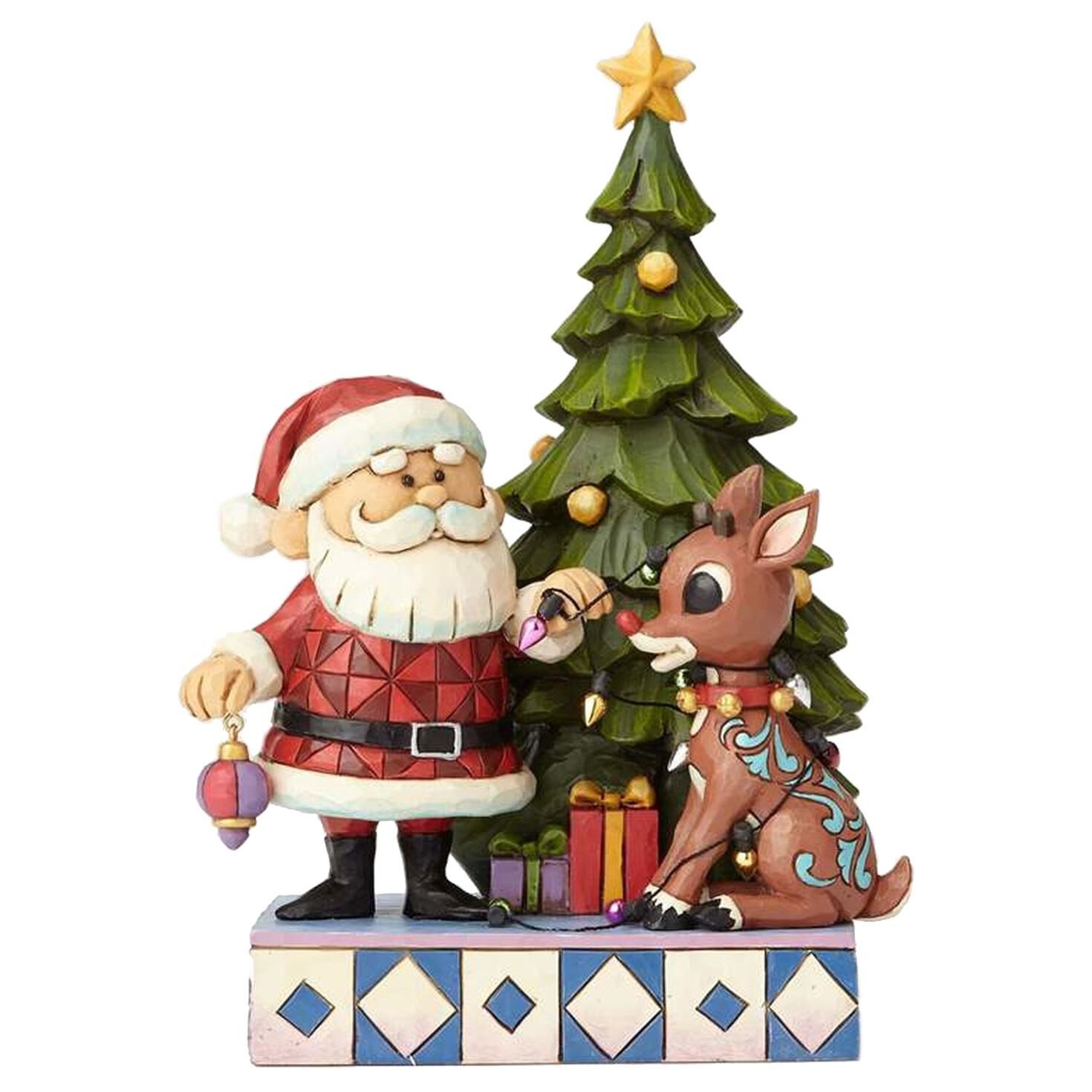 Jim Shore Santa And Rudolph In Lights By Tree Figurine