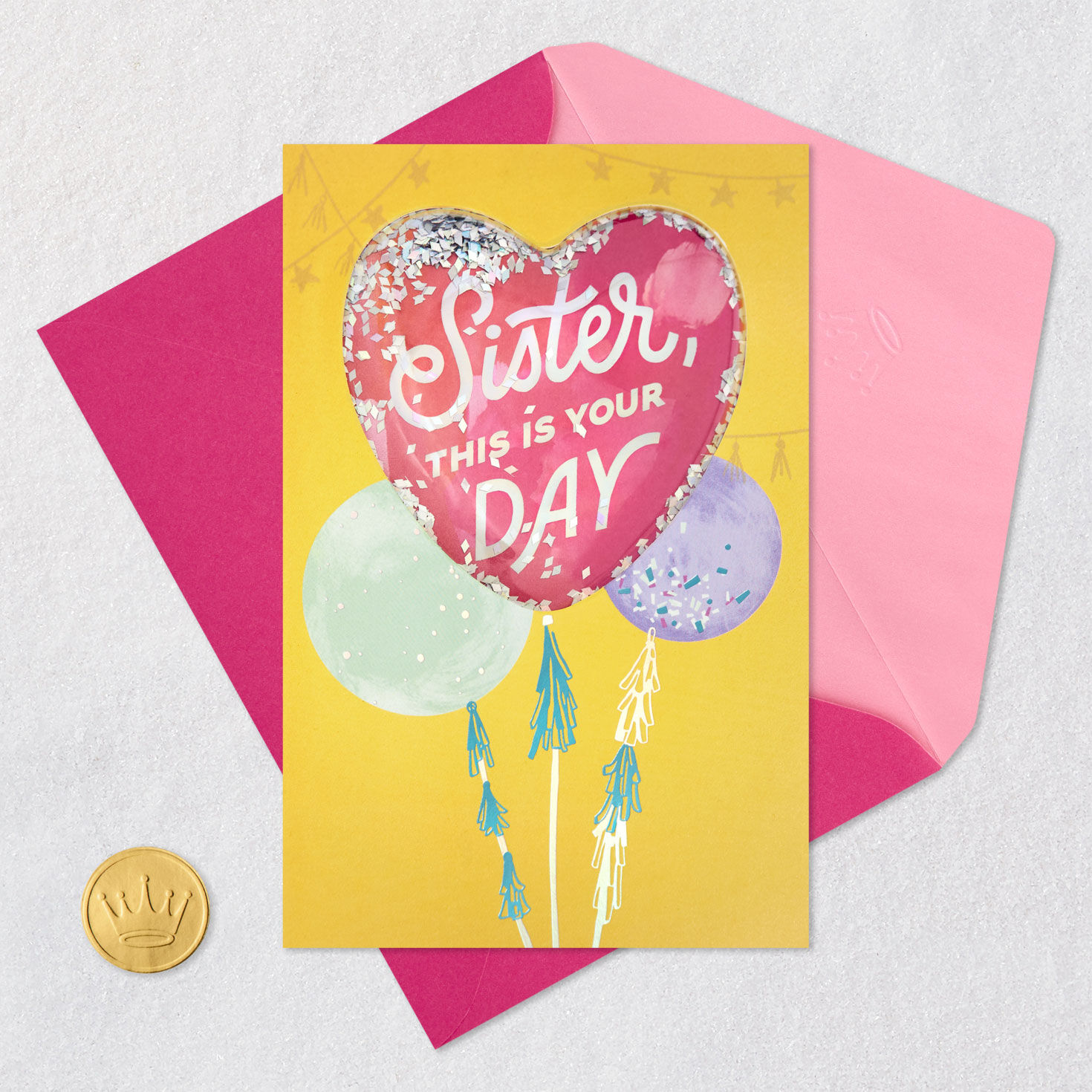 Heart Balloon Confetti Shaker Sister Birthday Card Card Front with Envelope and Gold Seal image number 6