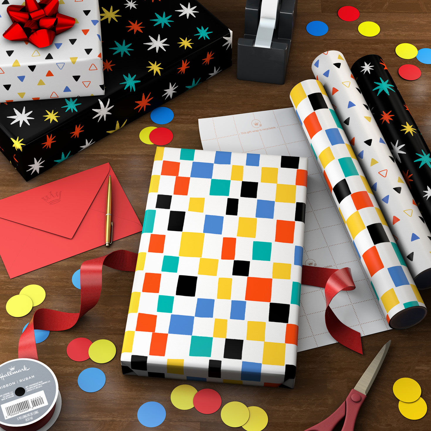 Colorful Shapes 3-Pack Assorted Wrapping Paper Mini Roll Bundle, 45 sq. ft. total, , large image number 3