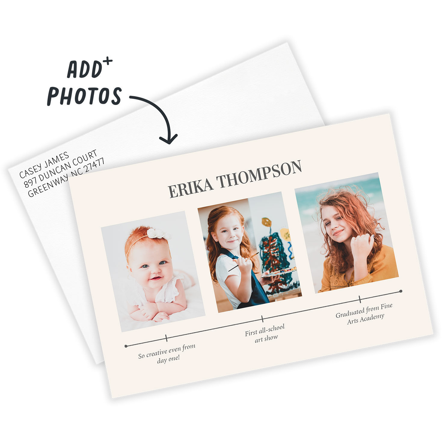 Photos With Timeline Personalized Grad Announcement Card Front indicating personalization image number 2