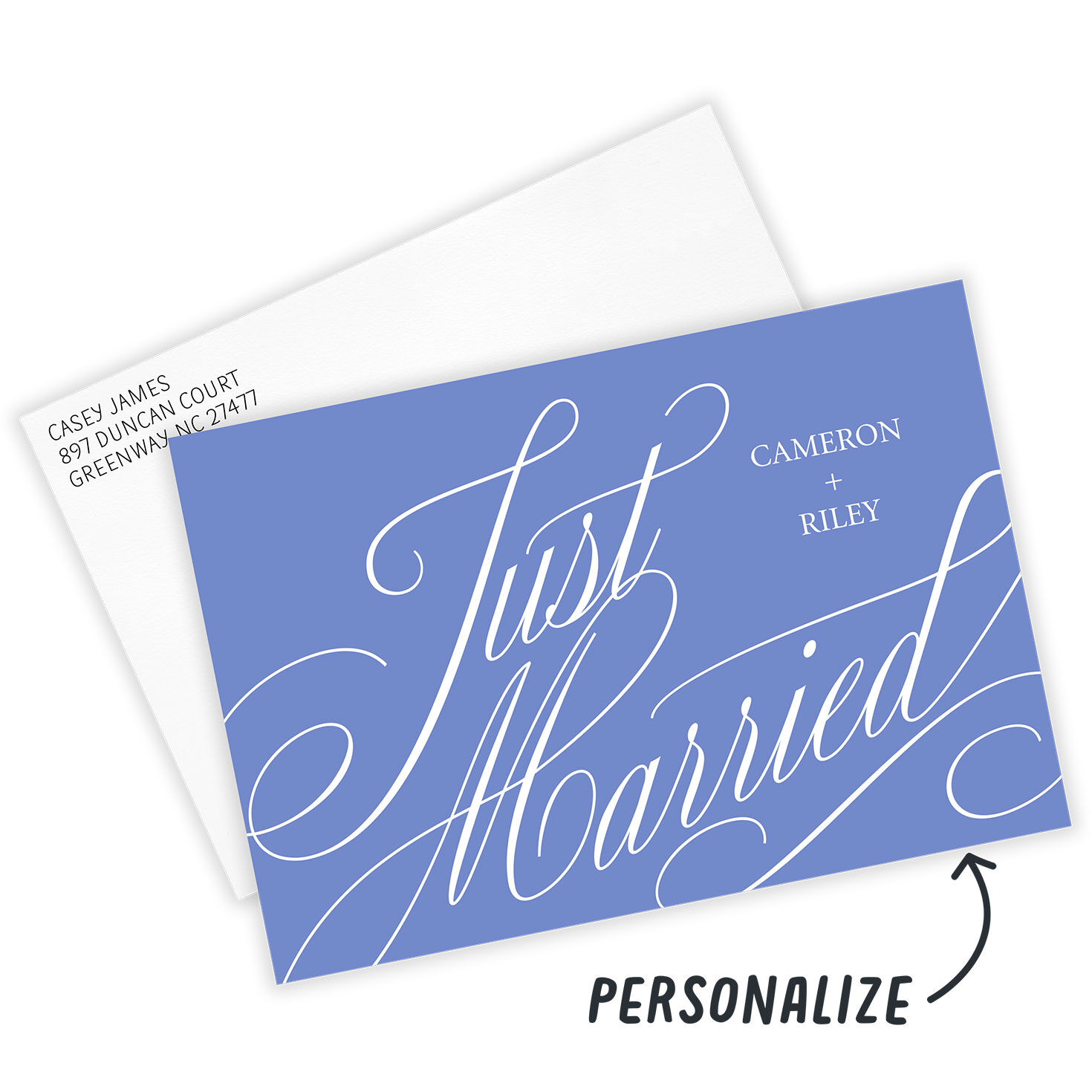 White on Blue Personalized Wedding Announcement Card front with Envelope indicating personalization image number 2