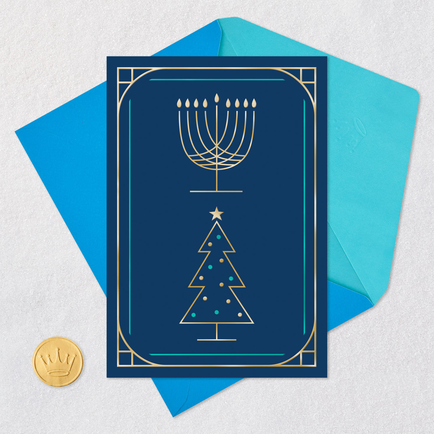 Hanukkah Menorah and Christmas Tree Holiday Card Card Front with Envelope and Gold Seal image number 5