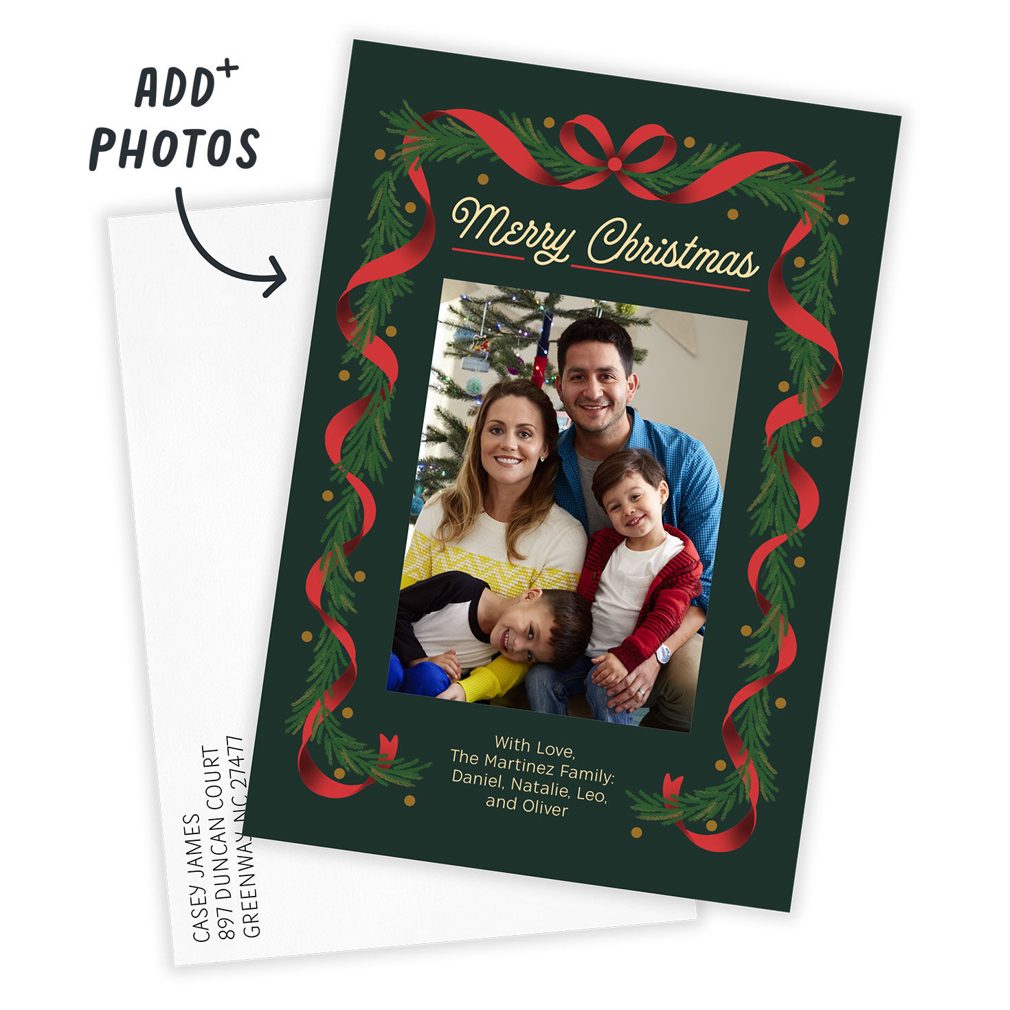 Modern Garland Personalized Christmas Photo Card Card Front indicating personalization image number 2