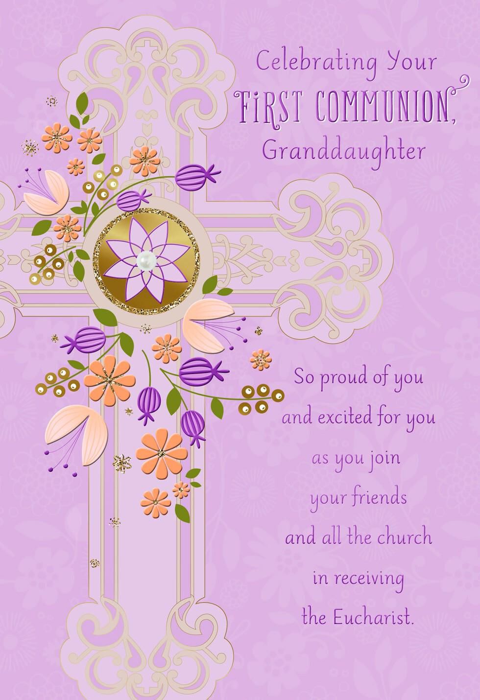 Purple Flowers and Cross First Communion Card for Granddaughter