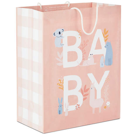 13" Animals on Pink New Baby Large Gift Bag, , large