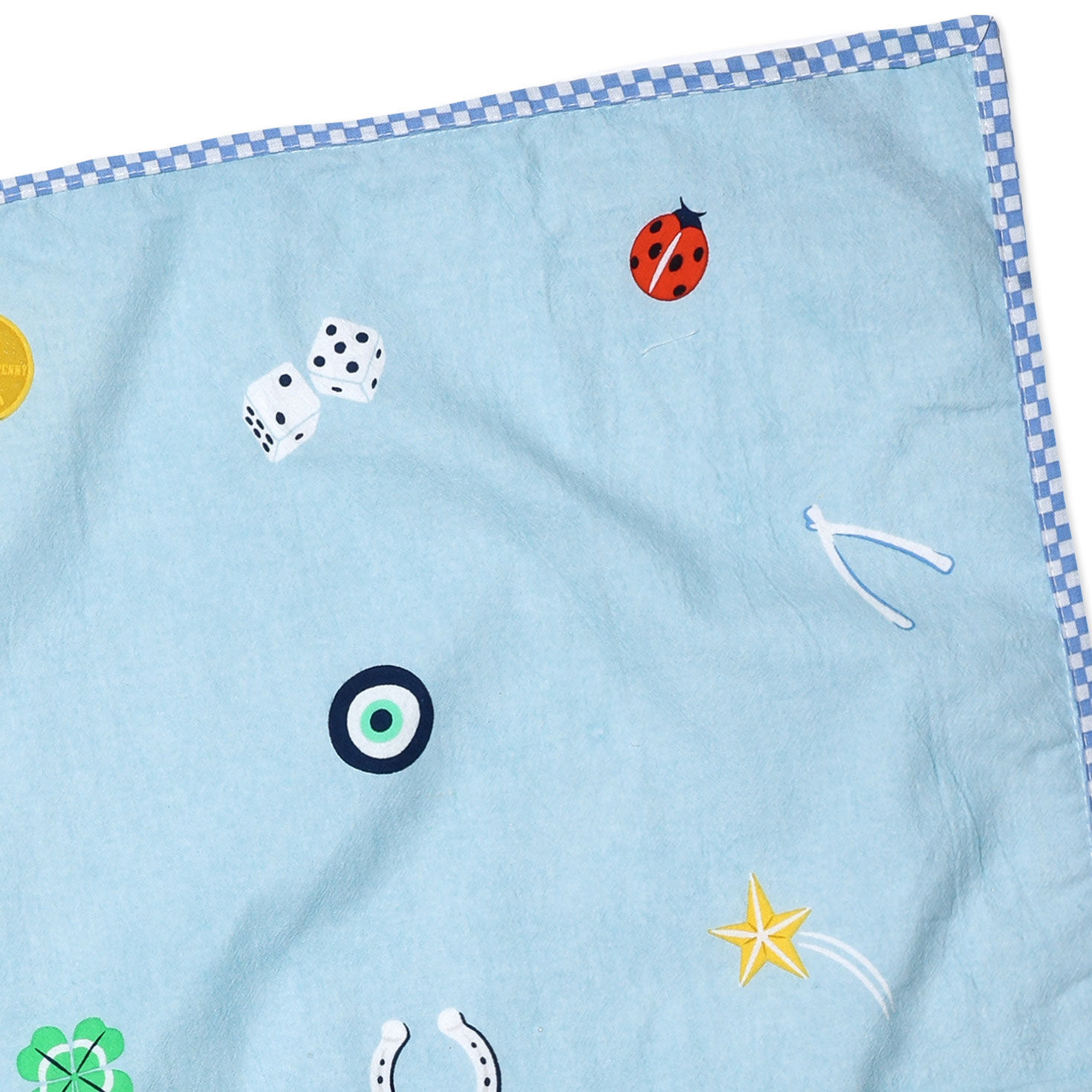 Blue Tea Towel With Embroidered Lucky Icons upclose detail image number 4