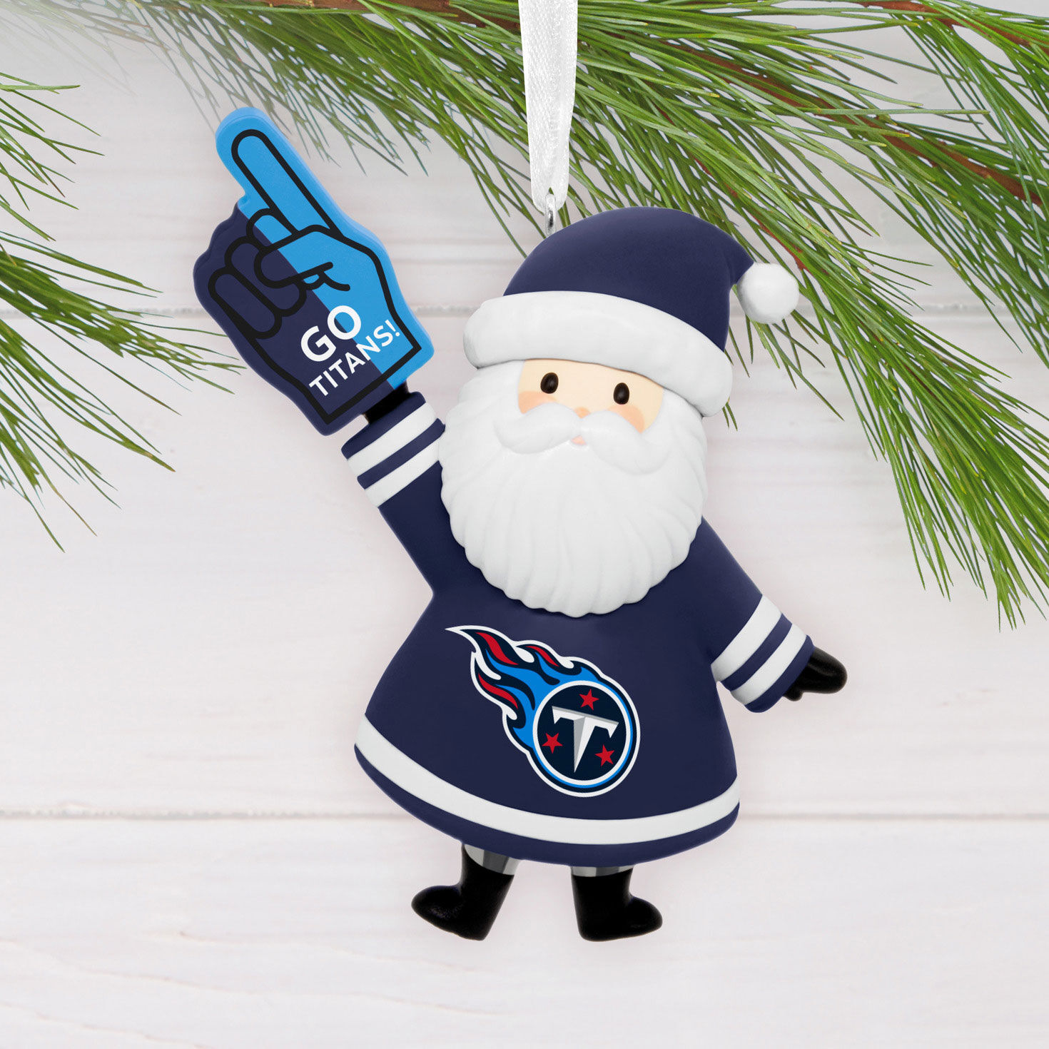 Tennessee Titans Santa Fan Christmas Ornament hanging on tree image number 2