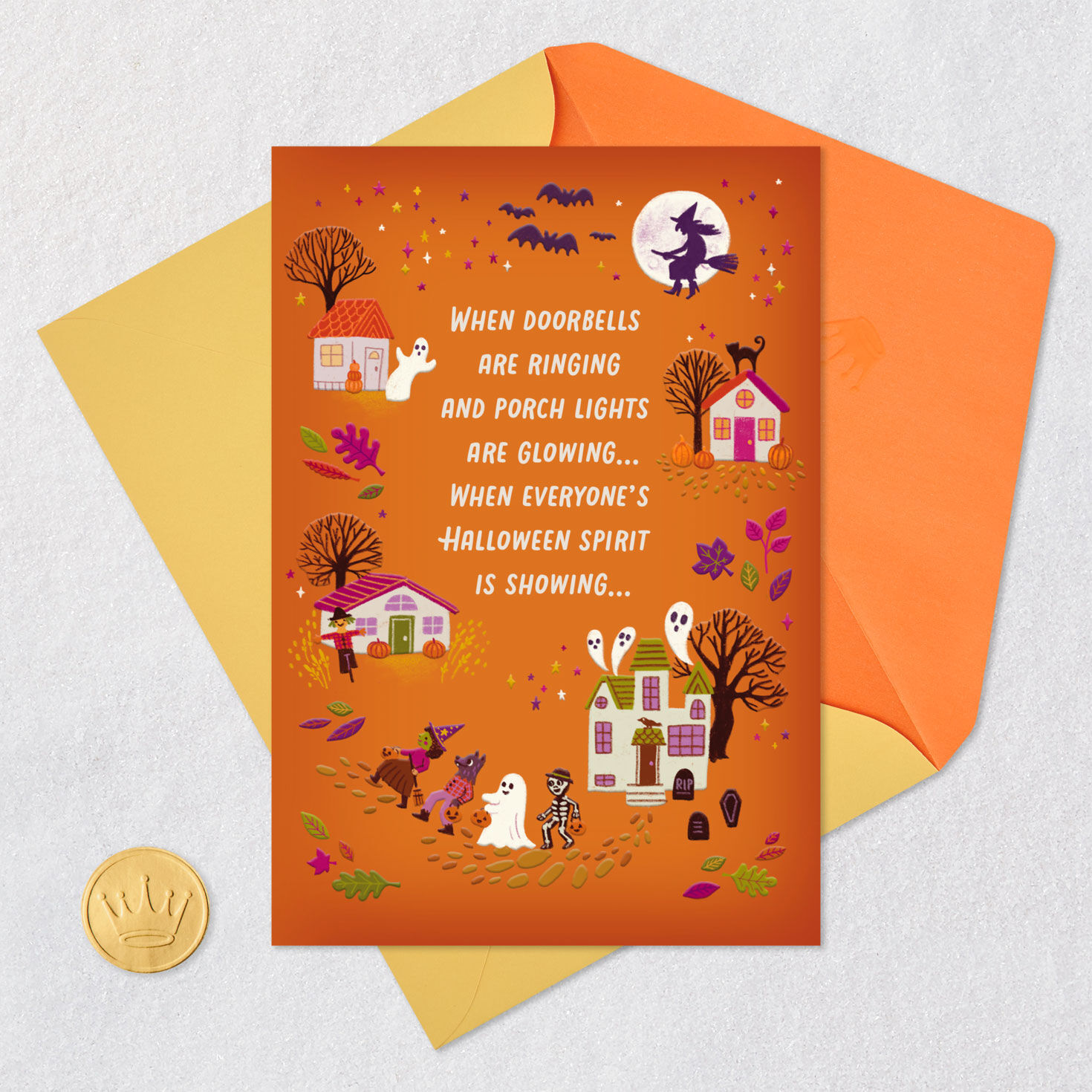 Trick-or-Treat Houses Happy Halloween Card Card Front with Envelope and Gold Seal image number 5
