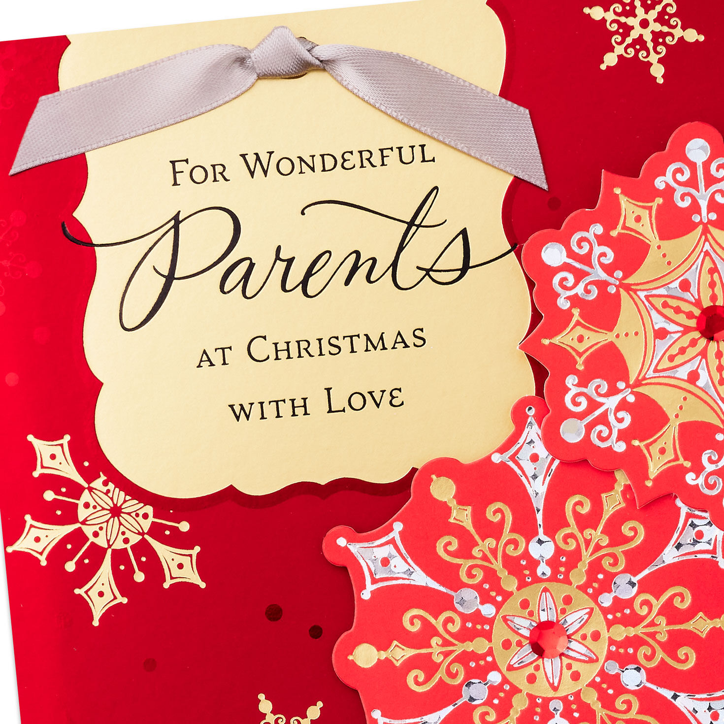 Red Snowflake Religious Christmas Card for Parents Card Front Detail image number 5