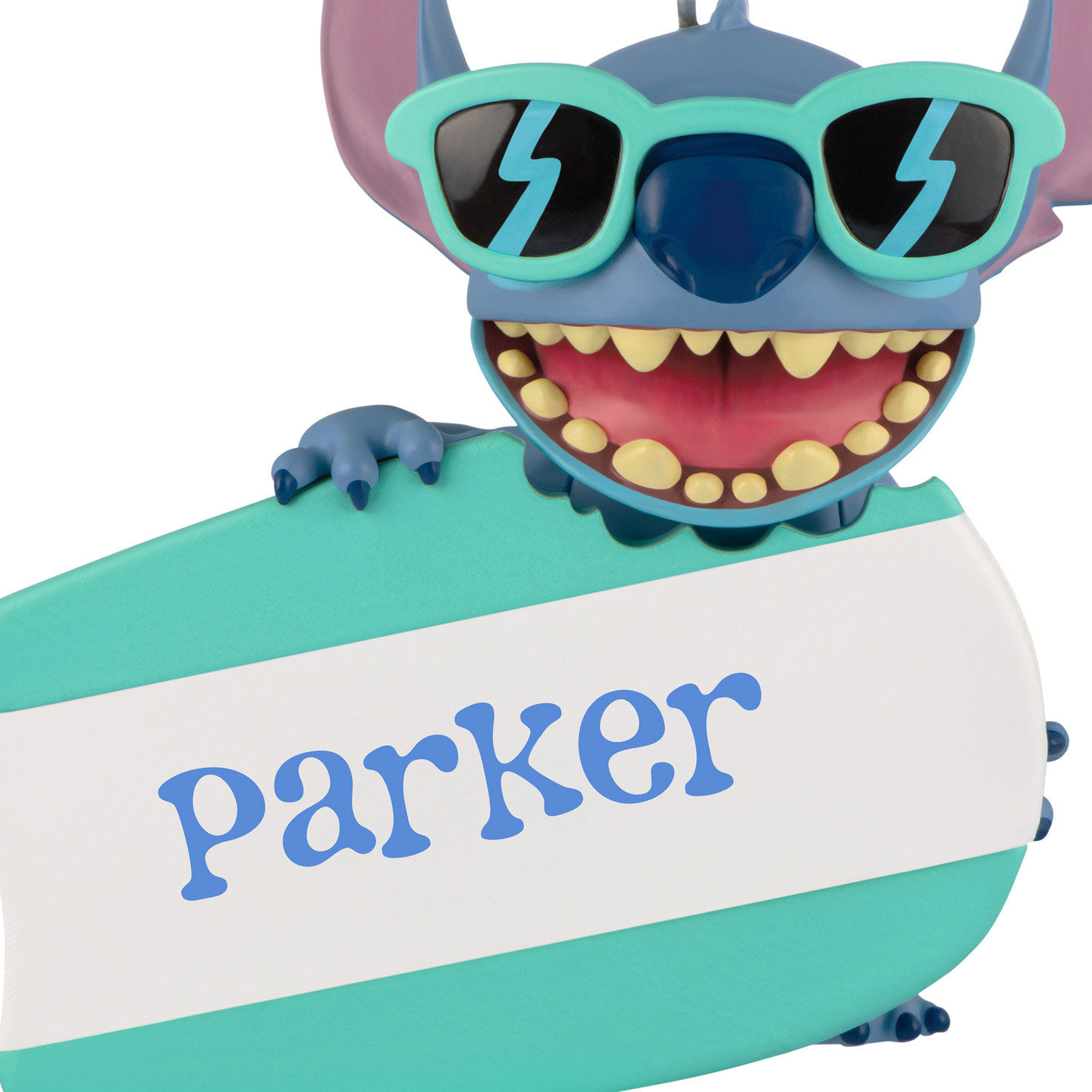 Stitch With Surfboard Personalized Text Ornament closeup view image number 6