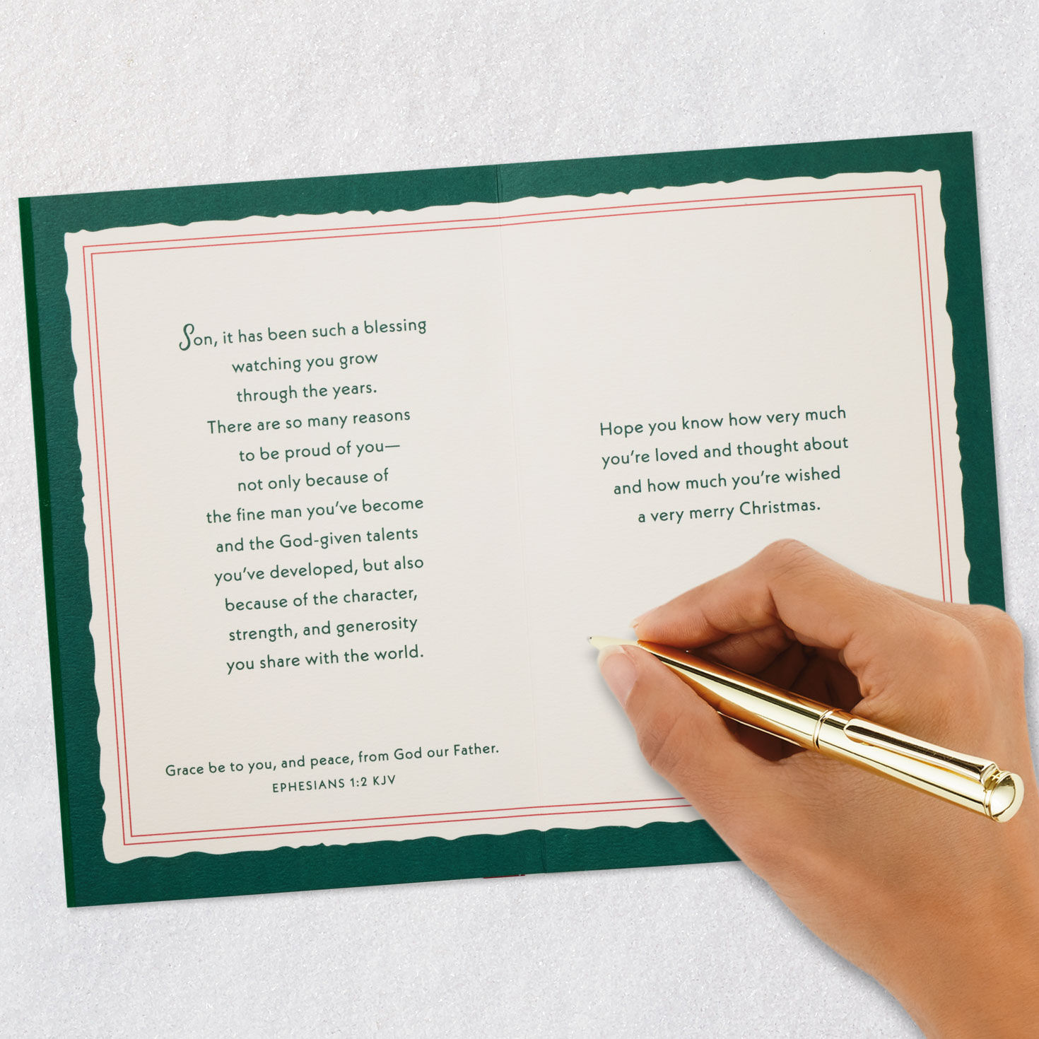 Gold Pine on Green Son Religious Christmas Card Signing card image number 7