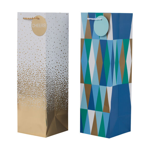 13" Gold and Geometric 2-Pack Wine Gift Bags, 