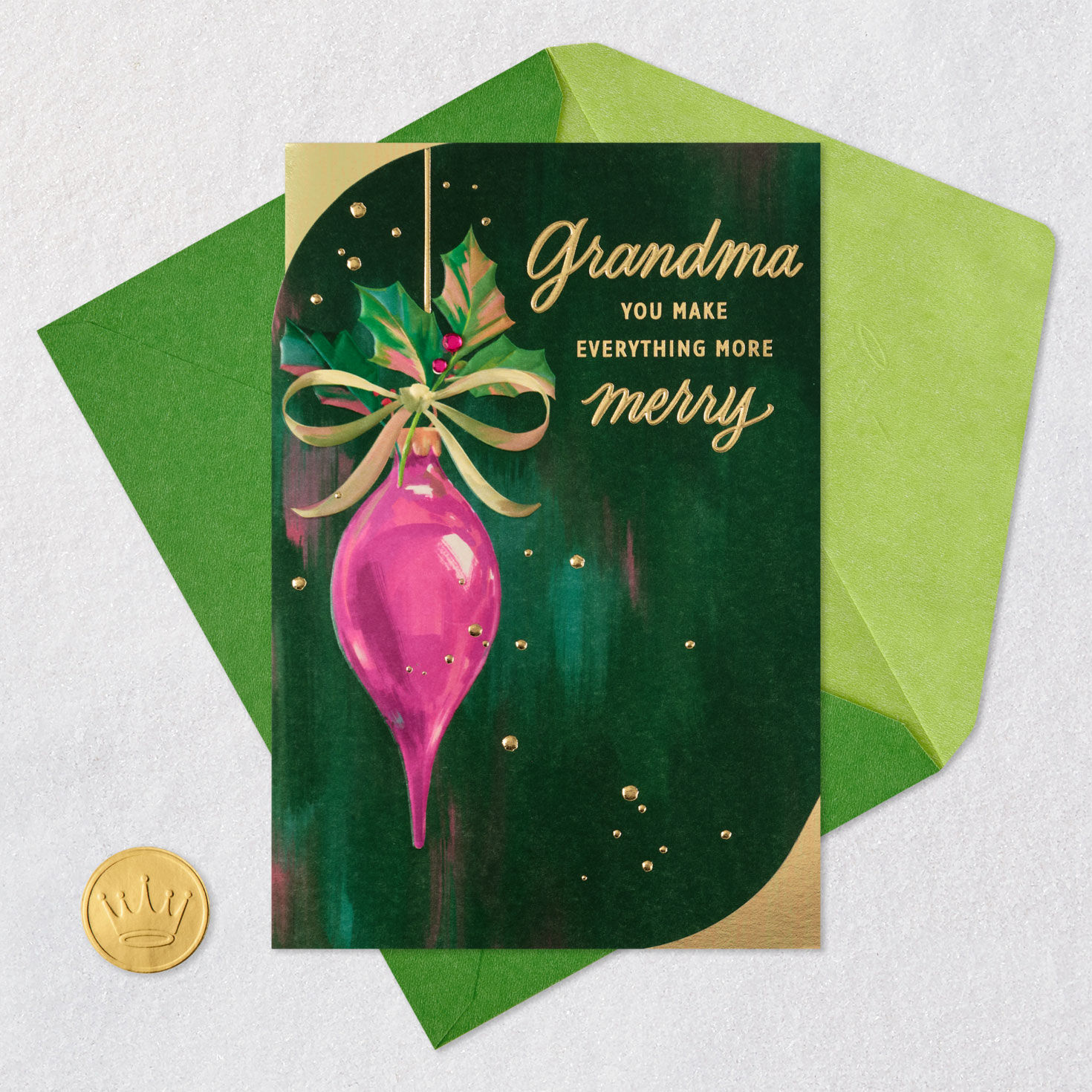 Vintage Ornament Green Christmas Card for Grandma Card Front with Envelope and Gold Seal image number 7