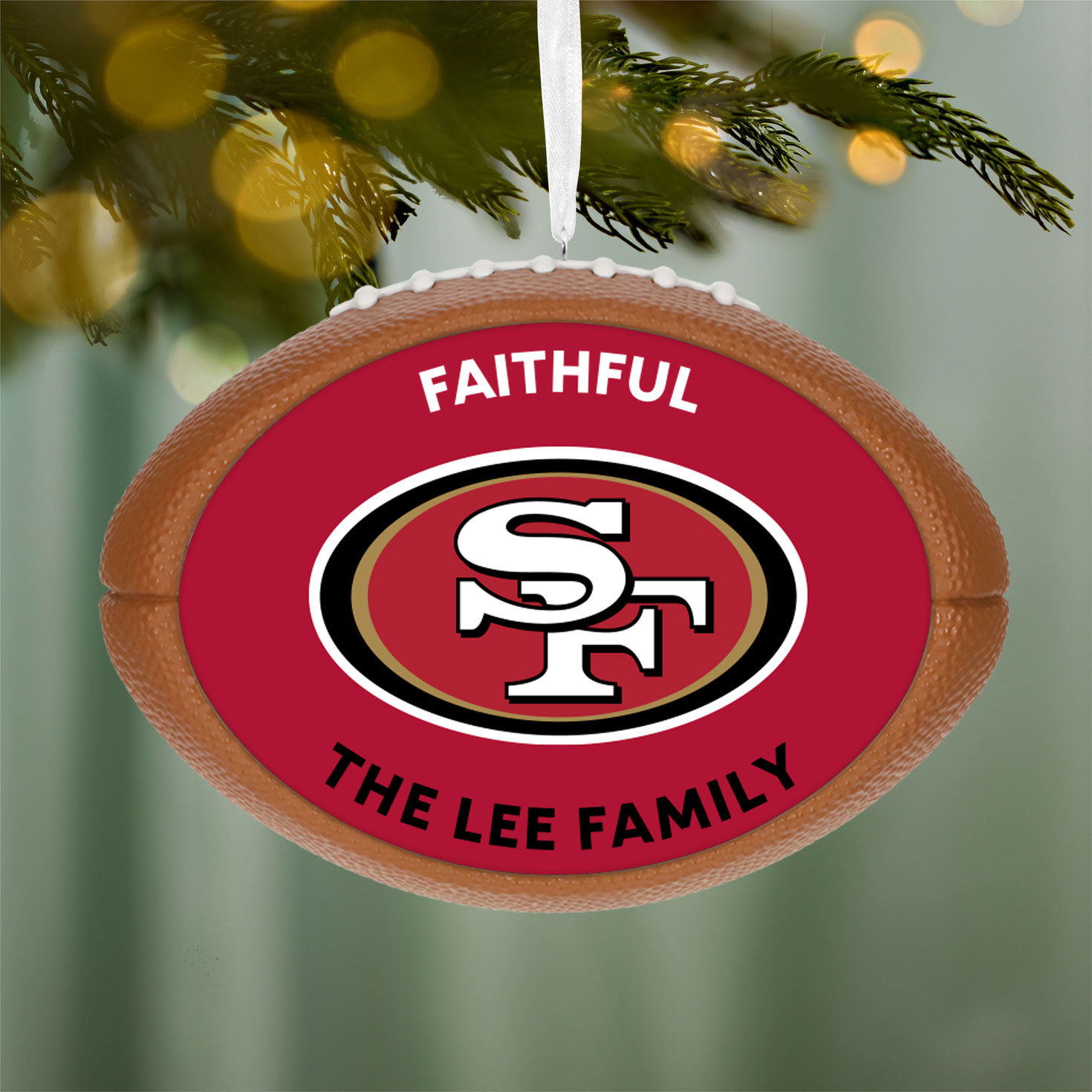 49ers Football Personalized Text Ornament hanging on tree image number 2