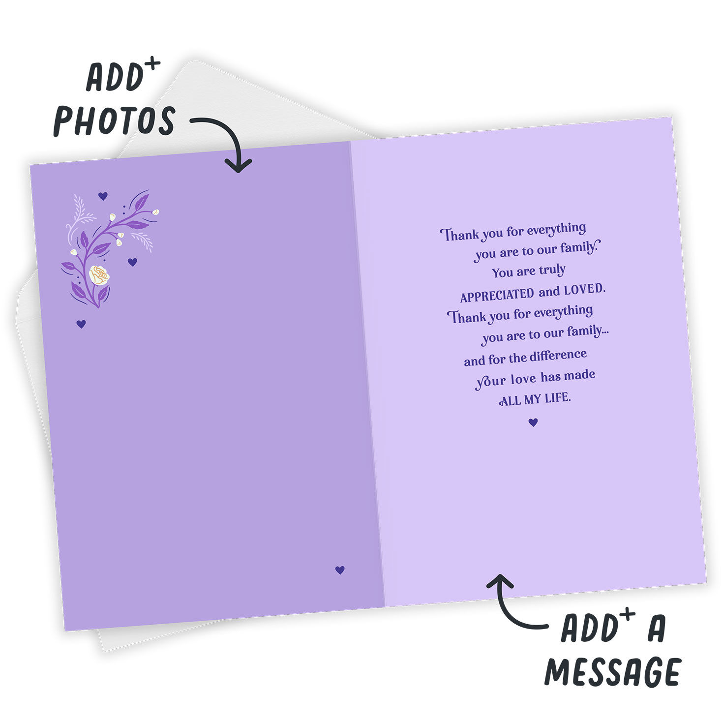 Flower Vine on Purple Personalized Mother's Day Card Open Card with Envelope indicating personalization image number 3