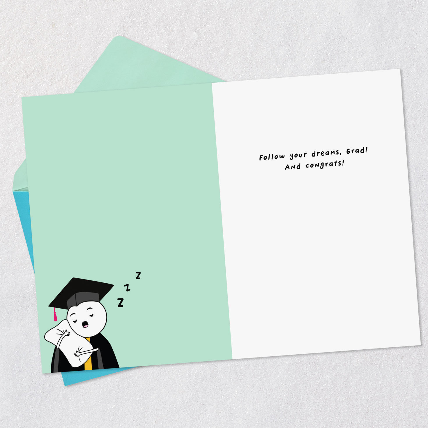 Cartoon Grads on Mint Green Funny Graduation Card Open card with envelope image number 3