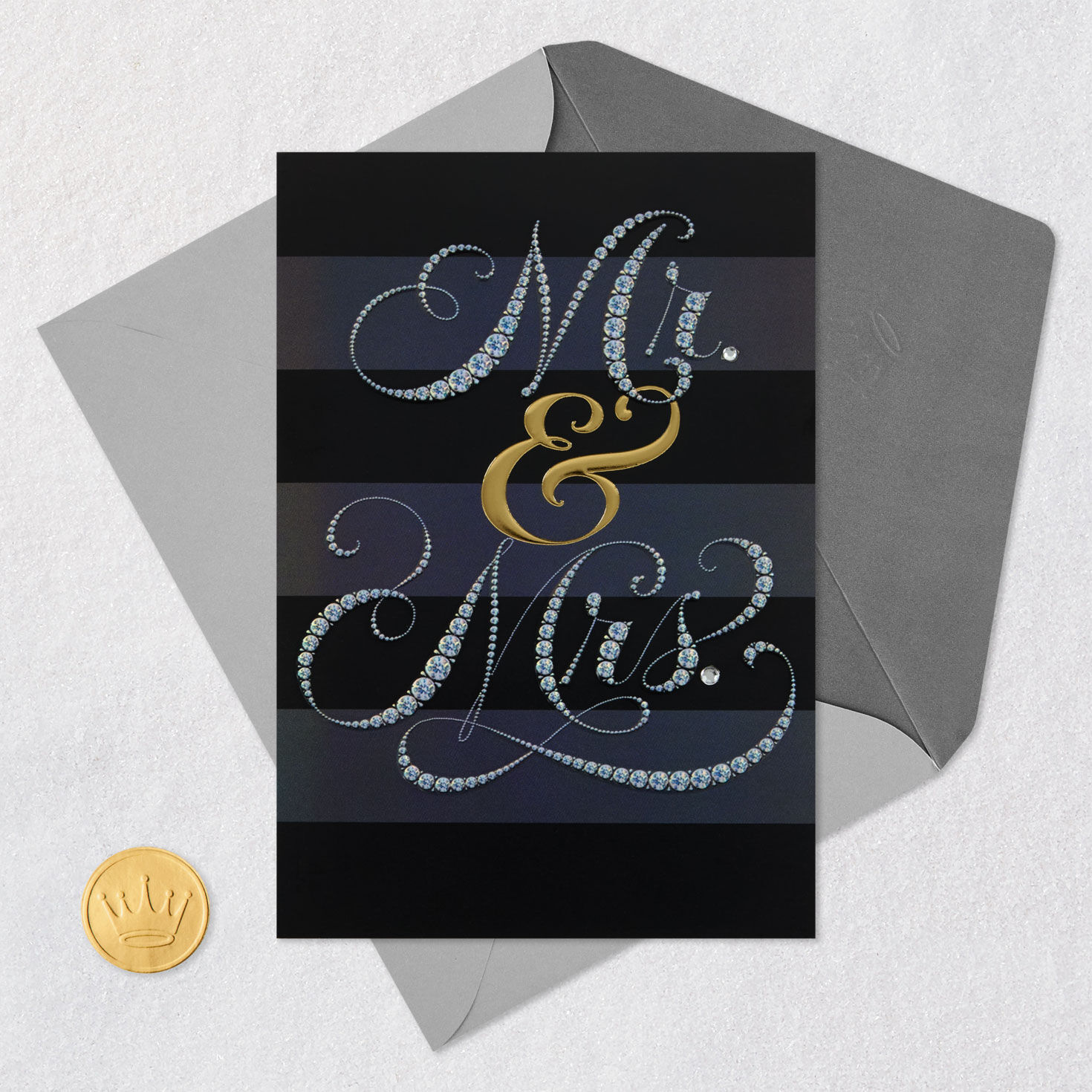 Mr. & Mrs. Diamond Script on Black Wedding Card Card Front with Envelope and Gold Seal image number 6