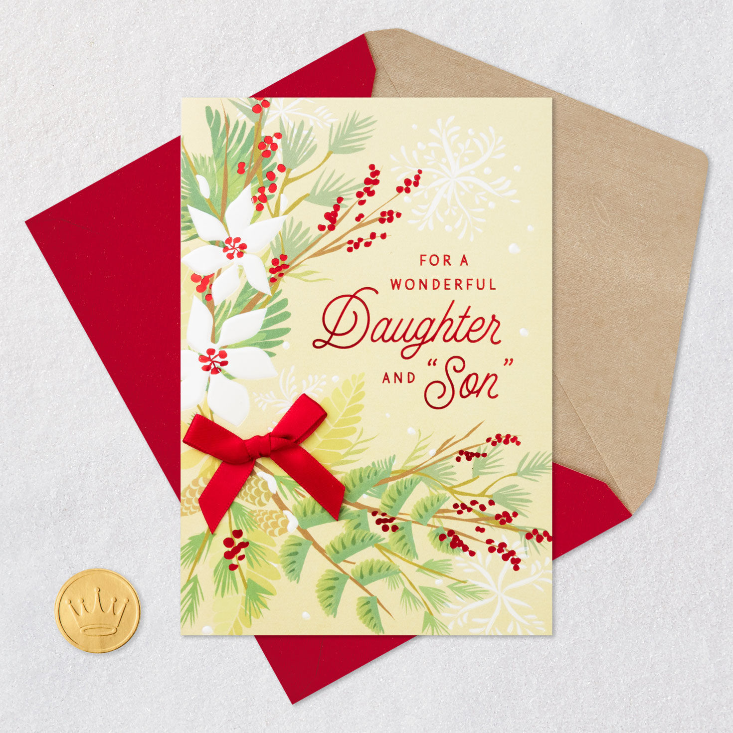 White Flower Greenery Christmas Card for Daughter and Son-in-Law Card Front with Envelope and Gold Seal image number 6