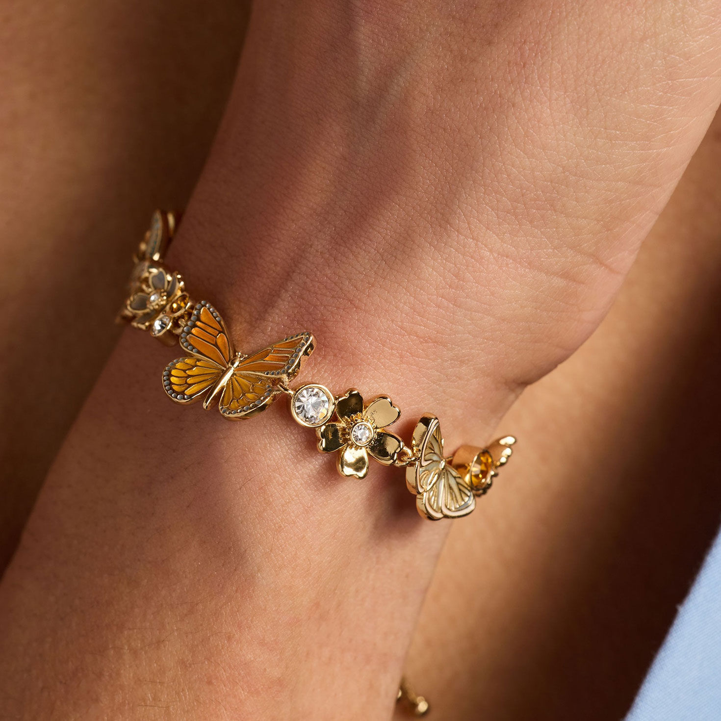 Alex And Ani New York Botanical Garden&reg; Butterfly Inline Bolo in use image number 3