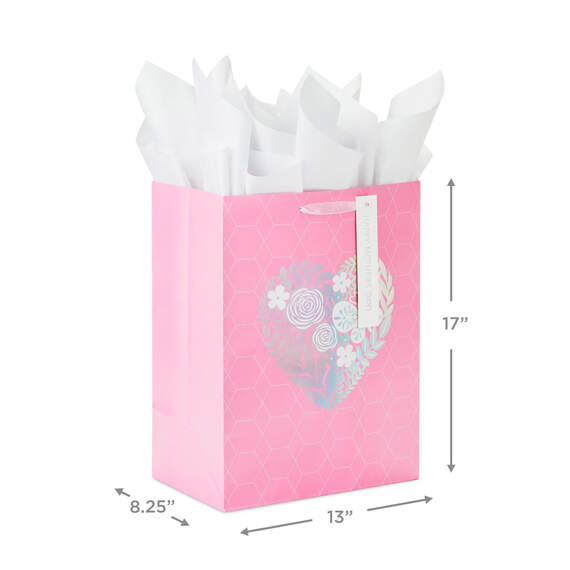 17" Pink Floral Heart XL Mother's Day Gift Bag With Tissue, , large image number 3